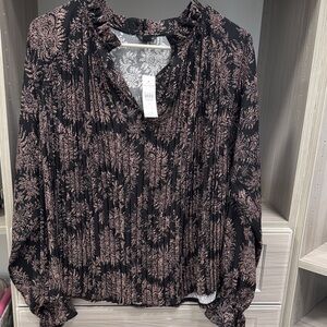 Ann Taylor Black Blouse with Pink Floral Print